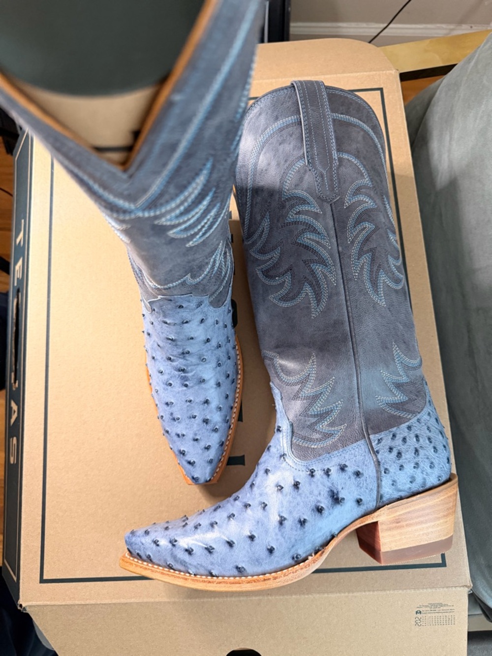 Blue Chambray Ostrich Leather Cowboy Boots